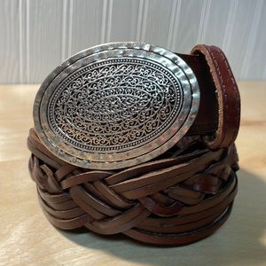 bud to rose Brown Braided Genuine Leather Belt With Big Oval Silver Tone Buckle